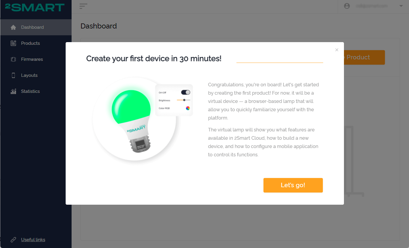 New user welcome screen with a proposal to create a test virtual product