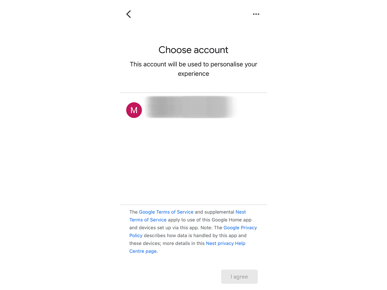 Choose account screen of Google Homу app