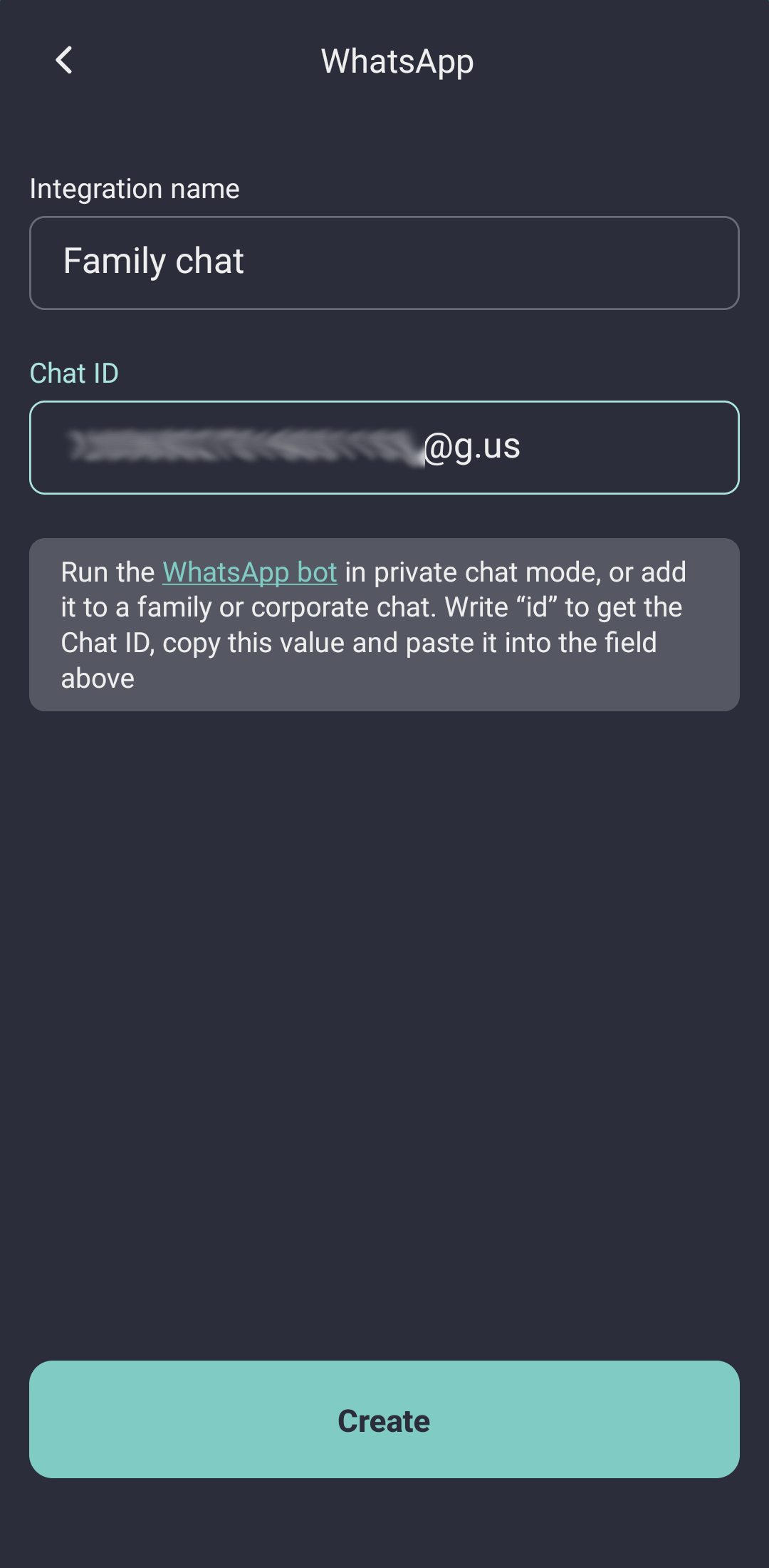 WhatsApp notifications screen of the 2Smart Cloud mobile app